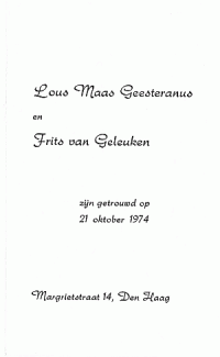 Trouwkaartje L.F. (Lous) MG en F. (Frits) van Geleuken (1974)